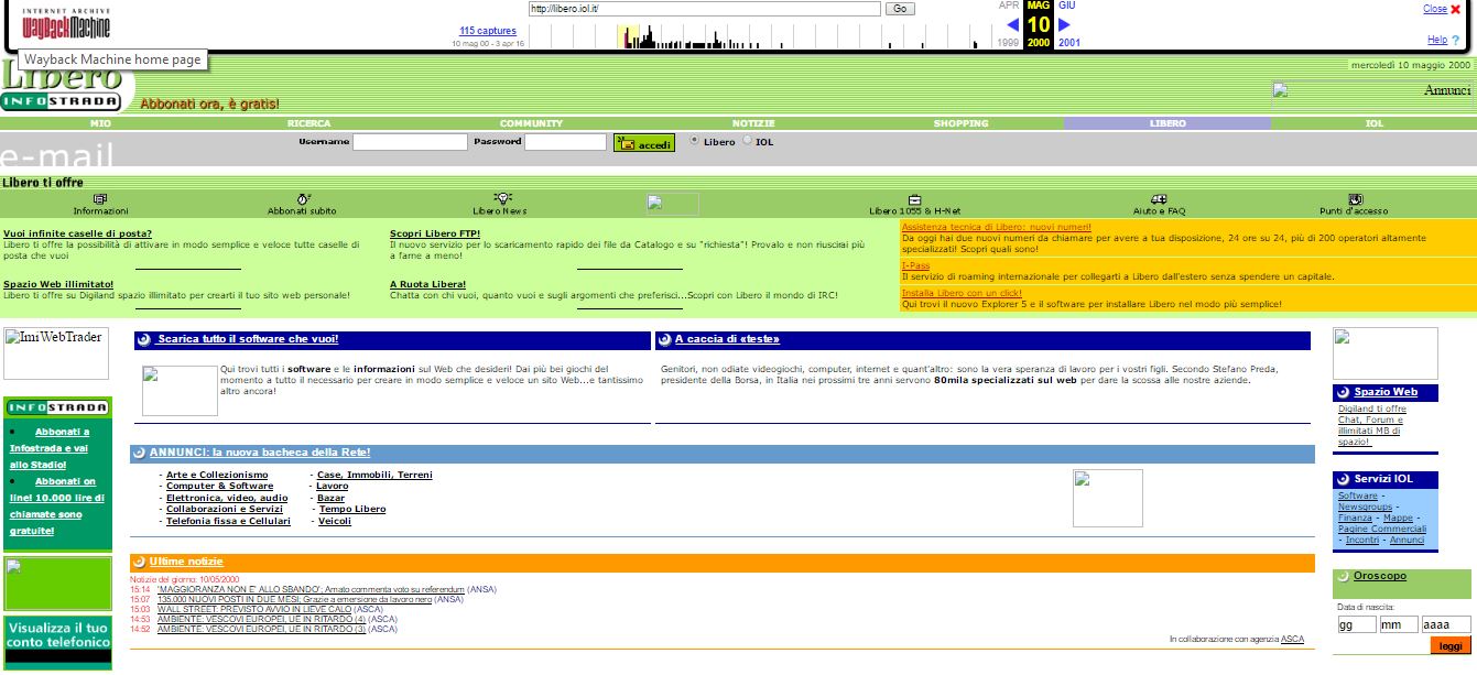 Homepage di libero maggio 2000